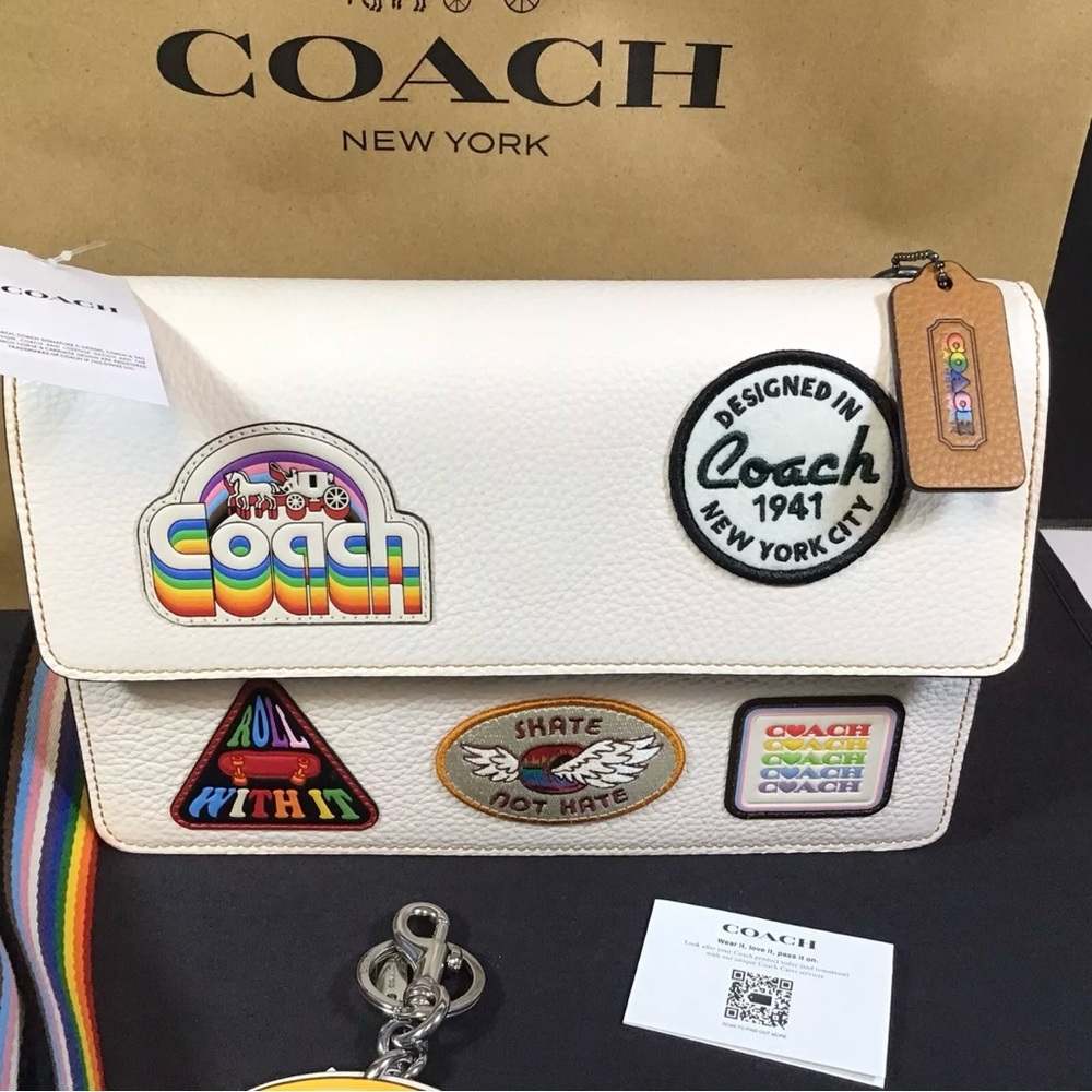 COACH Turner Flap Crossbody Patches Chalk Multi Color Rainbow Pride Keychain New - Picture 9 of 11